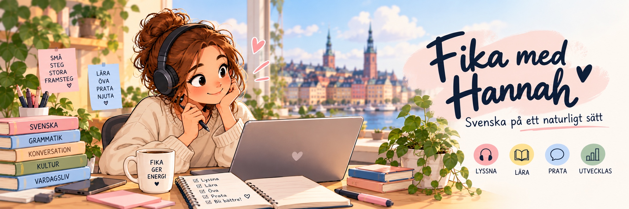 Fika med Hannah. Svenska på ett naturligt sätt. En illustrerad studieplats med kaffe, böcker och utsikt över Stockholm.