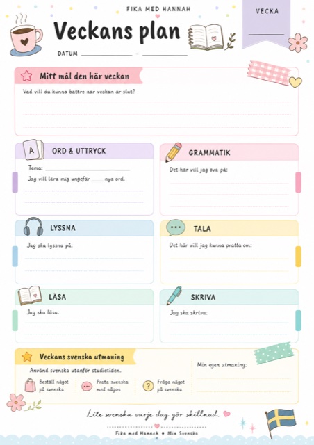 A weekly planning page inside the study planner, with a colour-coded day-by-day study schedule