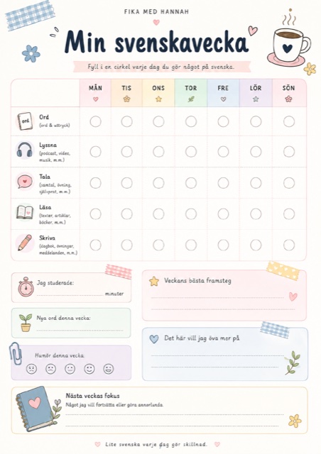 A weekly habit tracker page inside the study planner for logging words, listening, speaking, reading and writing practice